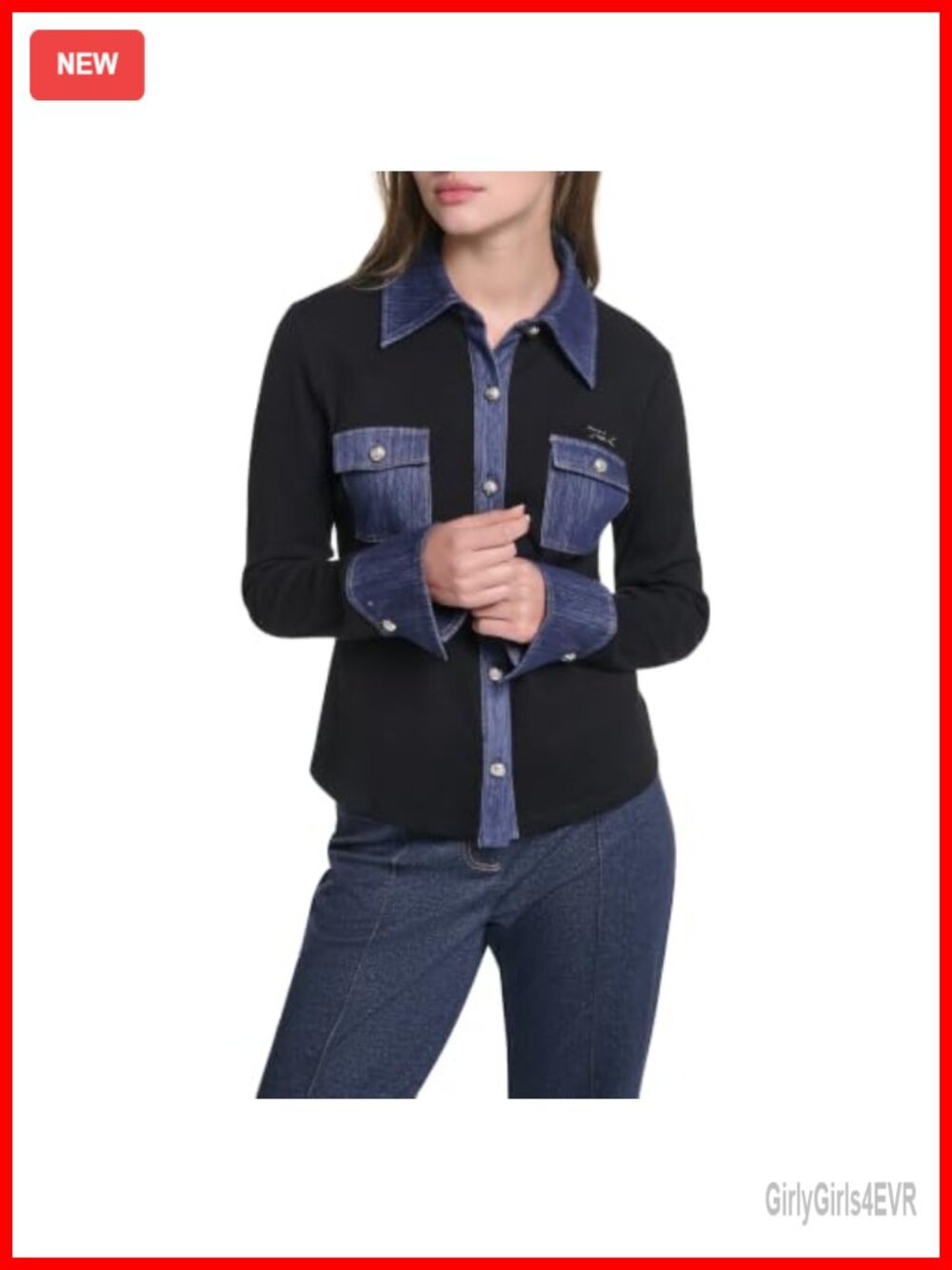 Karl Lagerfeld Denim-Detail Collared Button-Down Blouse Long Sleeve